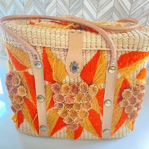 Vintage Woven Bag, Orange Yellow Embroidery, Straw Flowers, Mexico, Vintage Tote